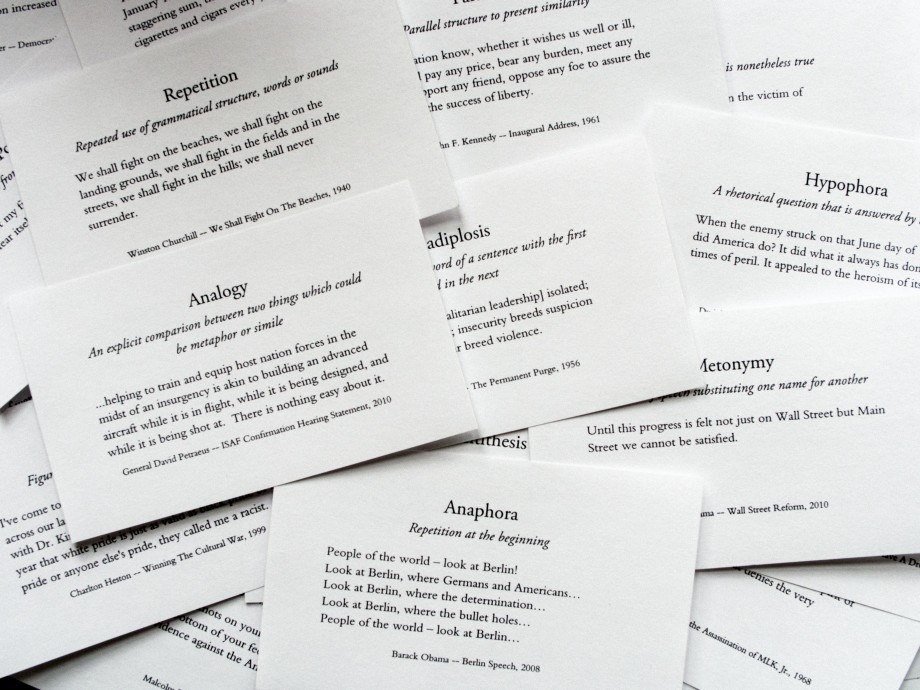 Speechwriting index cards - rhetorical devices