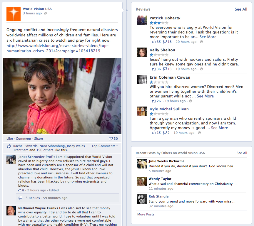 World Vision's Facebook page and why it should know its values