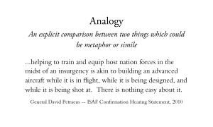 Analogy - An explicit comparison between two things which could be metaphor or simile - helping to train and equip host nation forces in the midst of an insurgency is akin to building an advanced aircraft while it is in flight, while it is being designed, and while it is being shot at. There is nothing easy about it. General David Petraeus -- ISAF Confirmation Hearing Statement, 2010