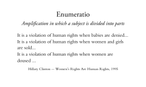 Enumeratio - Amplification in which a subject is divided into parts It is a violation of human rights when babies are denied It is a violation of human rights when women and girls are sold It is a violation of human rights when women are doused Hillary Clinton -- Women’s Rights Are Human Rights, 1995
