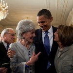 Barack Obama, Kathleen Sebelius and Nancy Pelosi after signing the healthcare bill